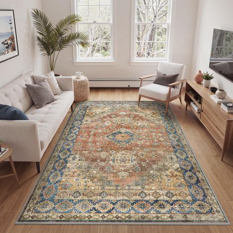 Tapis Salon Vintage 160x230cm Lavable en Machine Rug Grand AntidéRapant Poil Ras, pour Chambre Salle a Manger Descente de Lit Bureau, Cuisine, Terracotta (1/5)