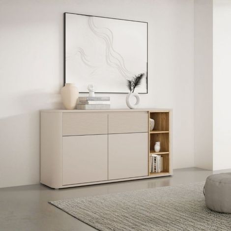 Madia Origin Core con 2 cassetti e 2 ante colore cashmere e nicchie a giorno con dettaglio rovere