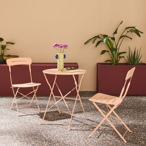 Table de jardin bistrot pliante ronde acier + 2 assises rose - Balconea