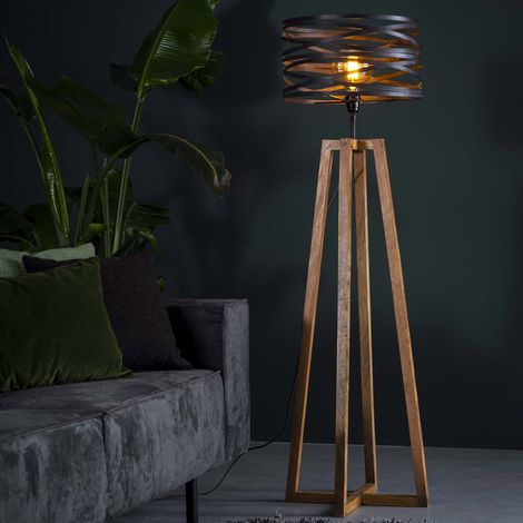 M&S – Lampadaire LED abat-jour métal gris ardoise – Piètement bois – Hauteur 135 cm – Ampoule E27 recommandée