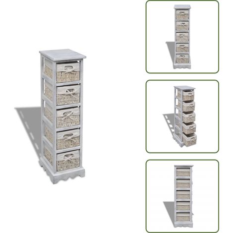 The Living Store Étagère de rangement en bois 5 paniers en tissage Blanc - Meuble De Rangement - Étagère Bois - Bibliothèque Murale - Panier Tissu - Décoration Champêtre