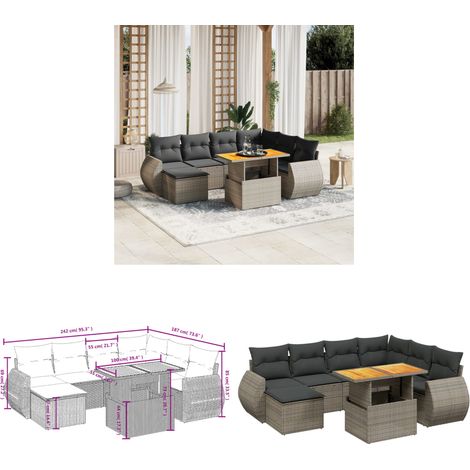 Salon de jardin 8 pcs avec coussins gris résine tressée - Ensemble Salon De Jardin - Meuble Extérieur - Résine Tressée - Rotin Synthétique - Table Extensible - Home & Living (1/3)