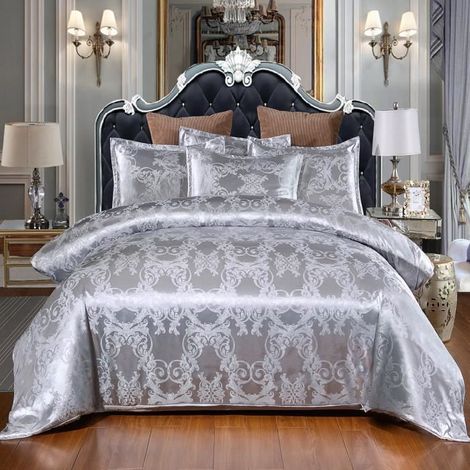 Ensemble Housse de Couette - NEUFU - Jacquard Satiné - 220x240cm - 2 Taies 50x70cm - Gris (1/4)