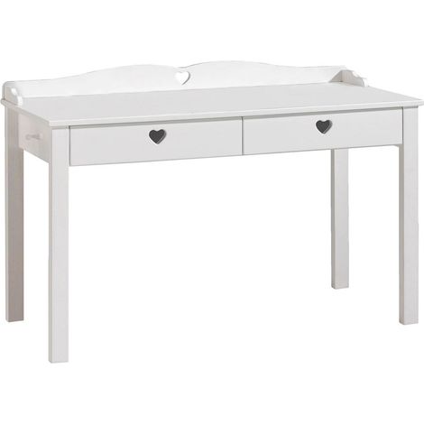 MILADY - Bureau 2 Tiroirs Blanc Poignées Coeurs Ajourées (1/2)