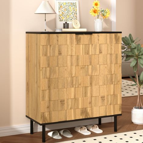 Meuble à chaussures mosaïque 80x35x91.5 cm - 2 portes - Extérieur aspect bois - Pieds en métal - Étagères réglables - Naturel