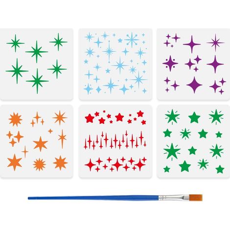 6 Pcs Pochoirs Peinture Étoiles 20x20cm avec un Pinceau Pochoirs Étoile Scintillantes Réutilisables Pochoir Dessin Étoiles PET pour Peinture Murale Bois Toile Tissu Art DIY Déco Maison (1/5)