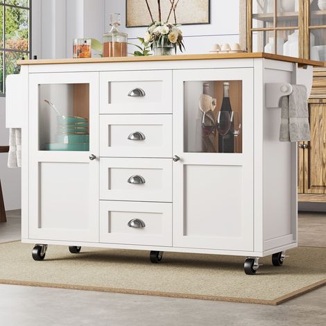 Îlot de cuisine, meuble de rangement, buffet, 120 x 73 (45) x 93 cm, desserte de cuisine extensible à roulettes, porte-serviettes, étagère à épices, étagères réglables, deux portes, quatre tiroirs, bl (1/5)