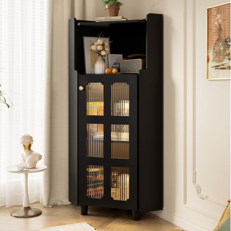 Schwarzer Eck-Schrank mit Lackoberfläche & LED-Beleuchtung – Moderner Eck-Kommode mit App-Steuerung, für Wohnzimmer, Bücherregal, Badezimmer (63.5124 cm, Schwarz) (1/4)