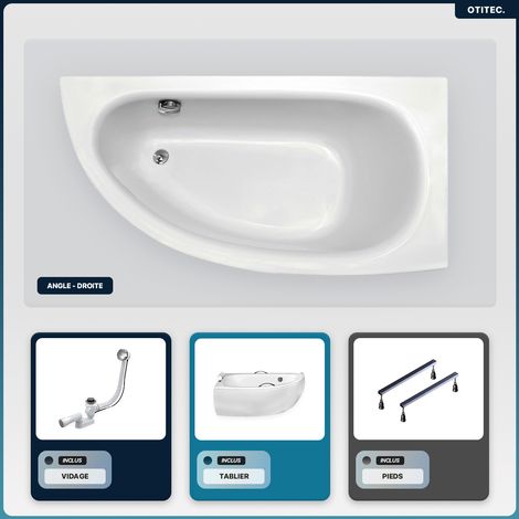 Baignoire asymétrique - 150 x 70 cm - Droite - avec Tablier - Pieds - Vidage Chrome - MILENA (1/5)