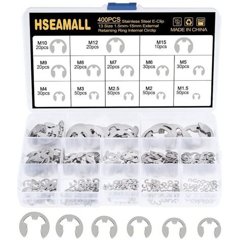 400PCS 13Size En Acier Inoxydable E-Clip Anneau De Retenue Externe Snap Kit De Assortiment Anneau Anneau De Circlips Interne 1.5 / 2 / 2.5 / 3/4/5/6/7/8/9/10/12 / 15mm Avec Boîte En P (1/5)