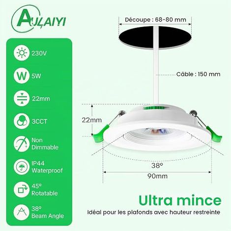Spot LED Encastrable Orientable 230V, 5W 500LM Spots de Plafond Extra Plat Blanc Chaud Blanc Neutre Blanc Froid Réglable, IP44 Spot Salle de Bain, Trou Ø68-80mm, Blanc (1/4)