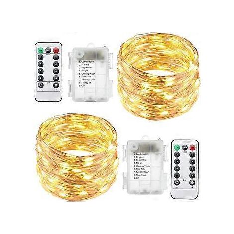 Lot de 2 guirlandes lumineuses LED piles avec télécommande, 4,9 m, 8 modes, 50 LED, fil tanche, lumires toiles, lucioles scintillantes pour terrasse, j (1/5)