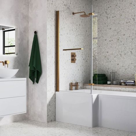 Signature Brushed Bronze L-Shaped Hinged Bath Screen with Rail 1500mm High x 815mm Wide - 6mm Glass (1/2)
