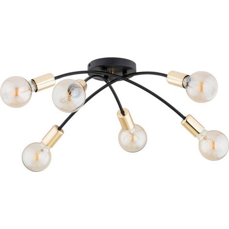 Alfa LENSI MAX Industrial Minimalist Ceiling Light 6xE27 (max 15W) Black Metal with Antique Gold Accents, 55cm Wide Modern Flush Mount Lamp for Living Room Dining