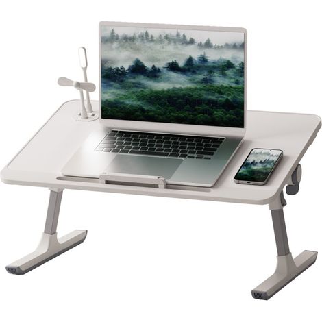 FIANAO – Tablette de lit pour ordinateur, hauteur et inclinaison réglables – pieds pliables, ventilateur USB – 60 × 40 × 40 cm, blanc (1/5)