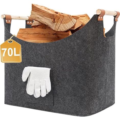 Holzkorb für Brennholz, XXL Brennholzkorb mit Handschuhen, faltbare große Filztasche zur praktischen Aufbewahrung von Brennholz