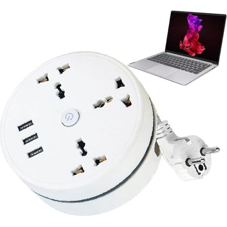 Cable de extensión universal - Blanco, ignífugo, retráctil, con tres puertos USB (1/5)