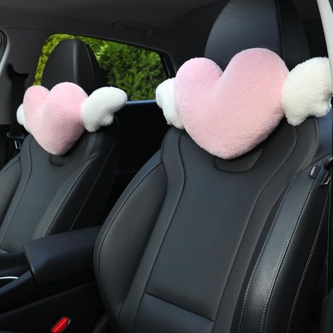 2er-Pack herzförmige, niedliche Auto-Kopfstützenkissen mit Engelsflügeln – Bequemes, weiches Kopfstützenkissen, Kawaii-Autozubehör, Nackenkissen fürs Autofahren (1/5)