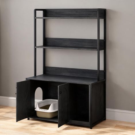 Meuble toilette pour chat noir avec rangement et griffoir (1/5)