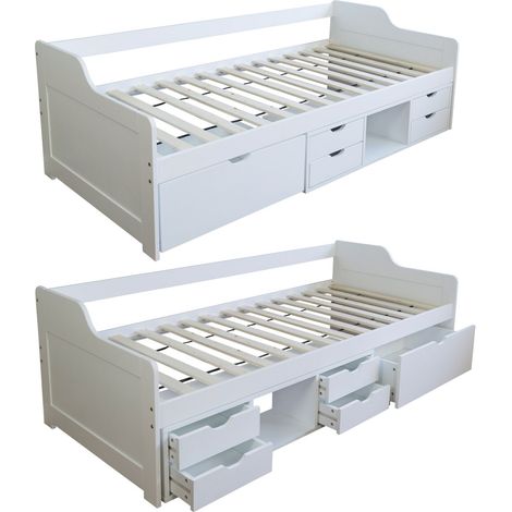Cama individual con somier y cajones de almacenaje en pino blanco 90x200 LIT06234
