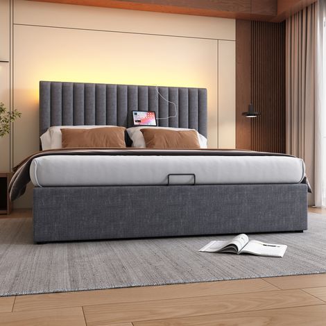 Bett mit Stauraum Leinen Grau 160x200 cm, LED-Kopfteil mit USB und Type-C, inklusive Lattenrost (1/5)