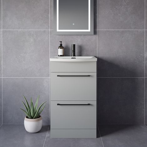 Napoli 390 Gloss Grey Pearl 500mm 2 Drawer Vanity Unit with Arc Basin - 500mm - Matt Black 320mm Handle