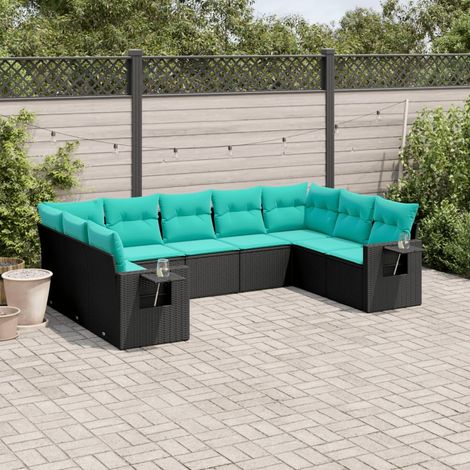 9-teiliges Gartensofa-Set mit Kissen, schwarzes Polyrattan (1/5)