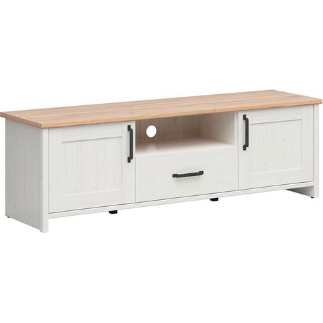 Meuble TV 2 portes 1 tiroir 160 cm Aksel Blanc et Bois (1/5)