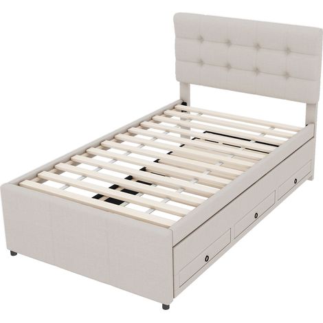 Letto imbottito 90x200 cm con letto estraibile, 3 cassetti, testiera regolabile, beige (1/5)