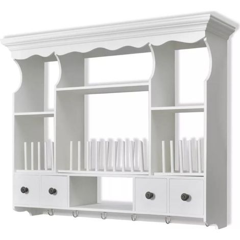 Etagère murale de cuisine murale 4 tiroirs 4 étagères bois blanc Kapci (1/5)