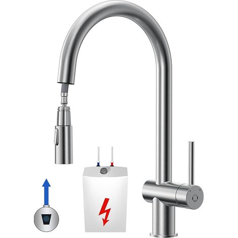 Robinet de cuisine basse pression avec douchette extensible, 3 ports, mitigeur sans pression, 2 types de jet, robinet pour chaudière (1/5)