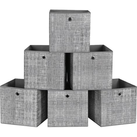 SONGMICS Lot de 6, Boîtes de Rangement Pliables, en Tissu Non-tissé, 30 x 30 x 30 cm, Cubes, Bacs, Paniers, Coffres, Gris chiné