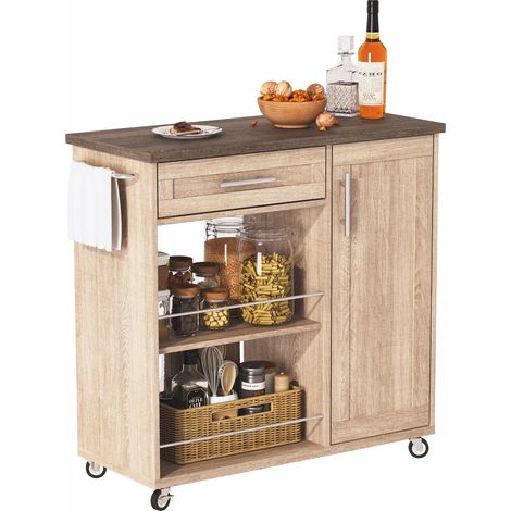 Chariot de cuisine avec plateau aspect bois, desserte de cuisine à roulettes avec tiroir, armoire et étagères ouvertes, îlot de cuisine mobile avec porte-serviettes et roulettes verrouillables, 90x62x