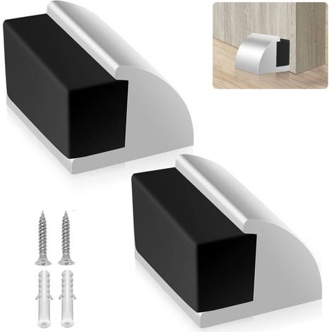 Lot de 2 butées de porte en métal robuste à fixer au sol - Argent - Moderne - Chrome - Protection murale avec amortisseur sonore en caoutchouc (1/4)