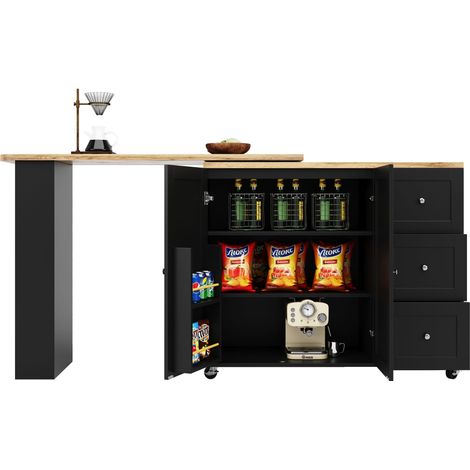 Table haute pivotante 360° (135-203 x 39 x 106 cm) sur roulettes, noir, avec trois tiroirs et porte-snacks, îlot de rangement multifonction pour cuisine et salon