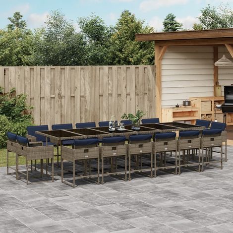 17-teiliges Garten-Ess-Set mit Kissen, grau, Polyrattan