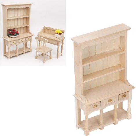 Puppenhausmöbel im Maßstab 1:12, Miniatur-Bürodekoration, Bücherregal aus Holz, dreistöckiger Schrank mit Schubladen, unmöbliert, zum Selbstbemalen erforderlich (1/5)