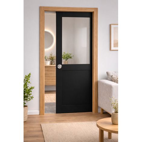 Porte Coulissante Atelier Noir H204 X L93 Sans Meneau + Systeme Galandage Et Kit De Finition Inclus