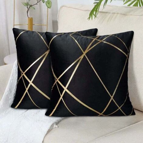 Lot de 2 canapés noirs (sans coussin) Housse de coussin en velours 45 x 45 cm Coussins Housses de coussin décoratives Lignes dorées Coussins géométriques Salon Chambre à coucher Ottoman Houss (1/5)