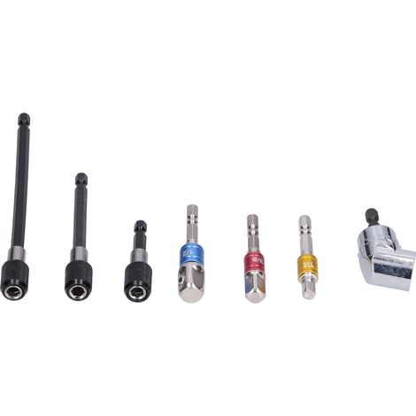 Set mit 7 Sechskant-Steckschlüsseladaptern, farbigem Metall-Schraubendreherbithalter, Verlängerung (1/5)