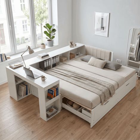 Lit multifonction 180x200 cm avec bureau intégré, rangements et tiroirs, lit banquette en bois avec tête de lit rembourrée - Blanc (1/5)