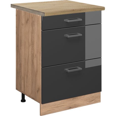 Mobiletto base per cucina R-Line, Antracite lucido, 60 cm con cassetti, PL Rovere, Vicco