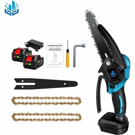 Tronçonneuse à batterie Scie à chaîne électroportative 1200W , Mini tronçonneuse électrique sans fil 6 pouces pour Makita 18V - Vitesse réglable pour la coupe du bois - Bleu avec 2 batteries