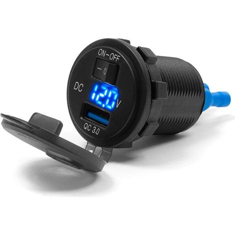 Prise de charge rapide USB pour moto Biketec avec voltmètre et interrupteur, montage sur surface plane (carénage, top case) OU sur le guidon - adaptateur BTMUS28 requis