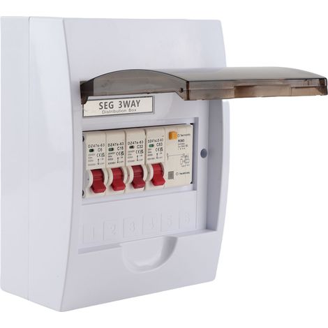 Tableau de distribution à 3 voies pour alimentation 230/400 V : disjoncteur différentiel 63 A 30 mA + 3 disjoncteurs miniatures (6 A + 16 A + 32 A) (1/5)