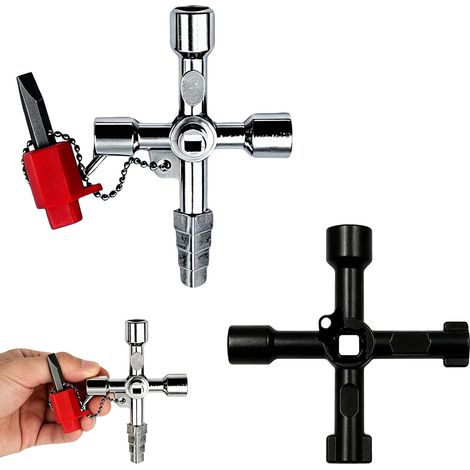 Lot de 2 clés universelles pour armoire de commutation - Clé cruciforme à 4 voies - Avec carré et triangulaire - Clé à valve pour chauffage, électricité, gaz, eau, clé à 4 pans - Outil (1/5)