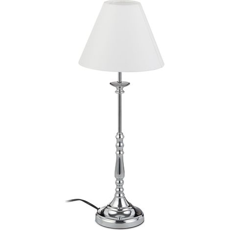 Relaxdays Lampada da Tavolo Vintage, Paralume in Stoffa, Cromata, Riflettente, Attacco E14, HxD 55x21 cm, argento/bianco