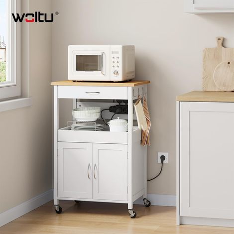 WOLTU Credenza da Cucina, Isola da Cucina con Contenitore, con Ruote Girevoli e 2 Prese AC, Ripiano Aperto e Armadietto a 2 Ante, Effetto Bambù+Bianco (1/5)
