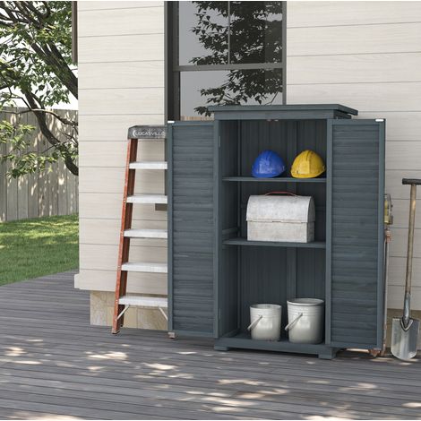 Armoire de jardin en bois avec toit bitumé et portes persiennes, 3 compartiments de rangement, gris, pour outils et accessoires, 87 x 46,5 x 160 cm  CHICFURN (1/5)
