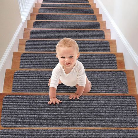 Antidérapant Tapis Marche Escalier, Tapis Escalier 15pcs, Marchettes d'Escalier Auto-Adhésif, urface Adhésif 76 x 20cm pour Enfants âgées Chiens (Gris Doubles Rayures) (1/5)